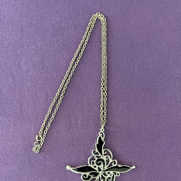 Vintage Ornate Filigree Silver-Tone/Enamel Cross Necklace By Luna - Picture 2 of 6